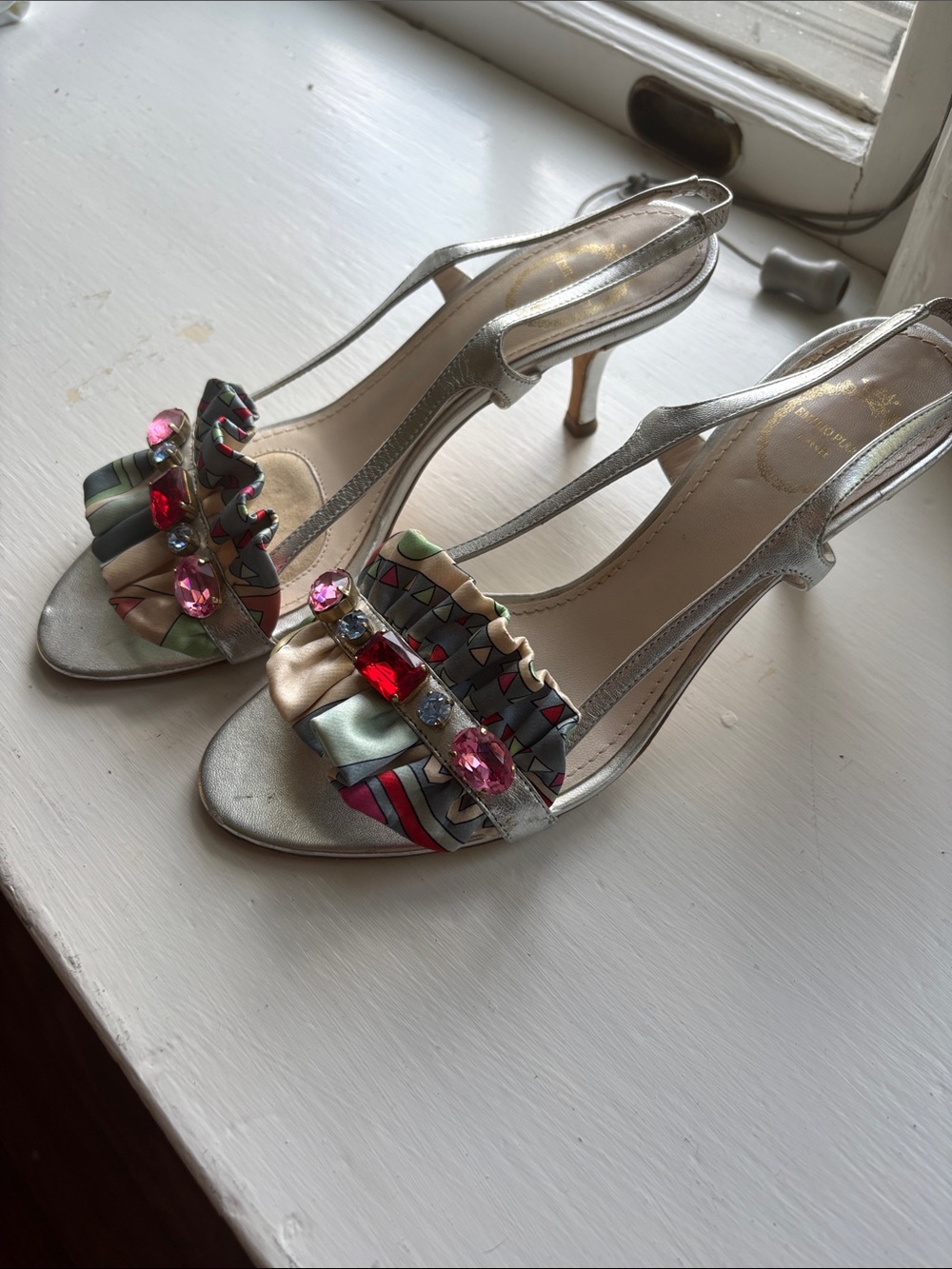 Emilio Pucci Silver Women’s Slingback Heels with Multicolor Ruffle & Gem Accents